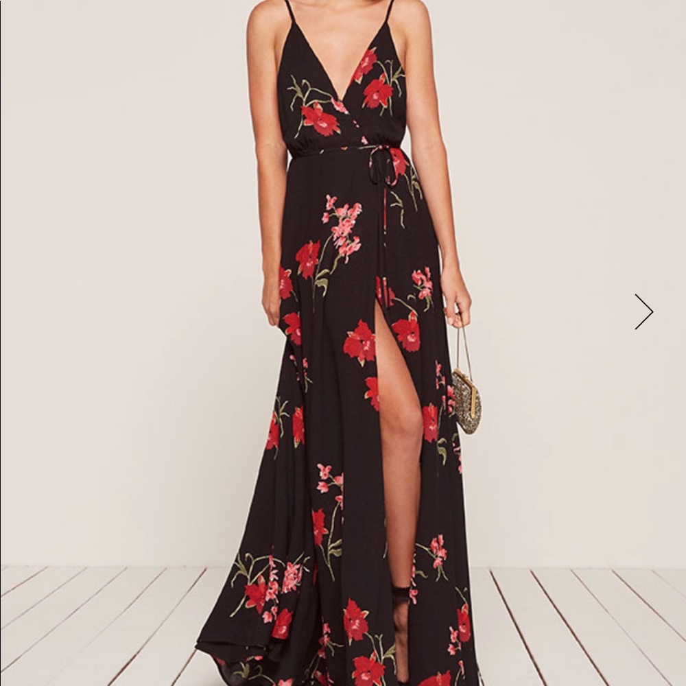 Reformation Black Maxi Dress with Red Floral Print